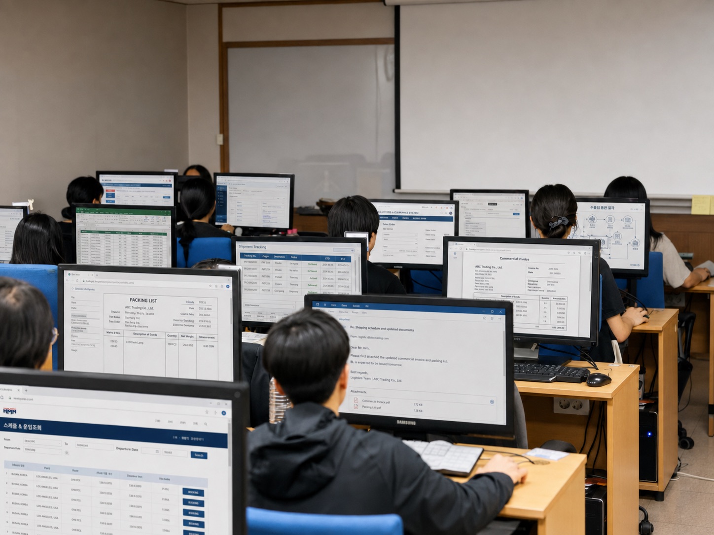 훈련생들이 컴퓨터 화면에 인보이스, 패킹리스트, 운송조회와 스프레드시트를 띄워 실습하는 강의실